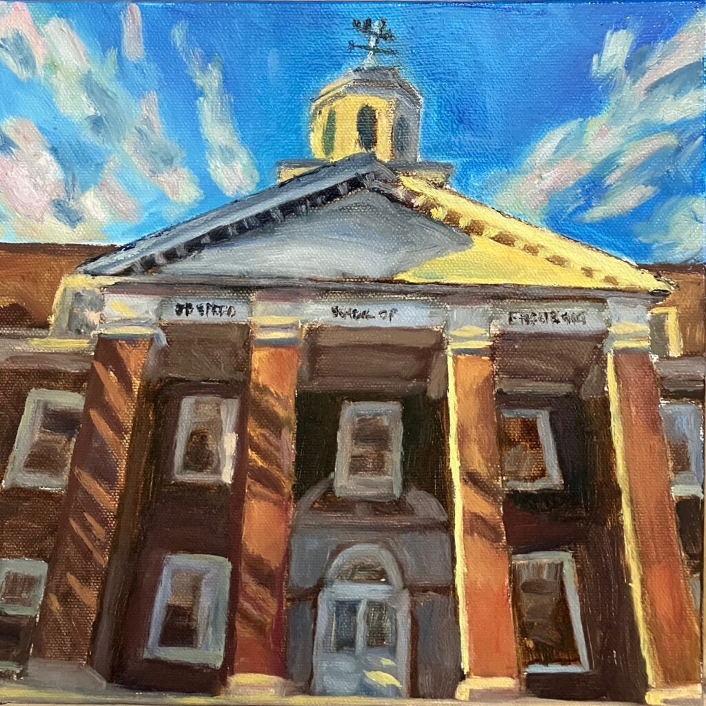 Oil painting of JB Speed school building