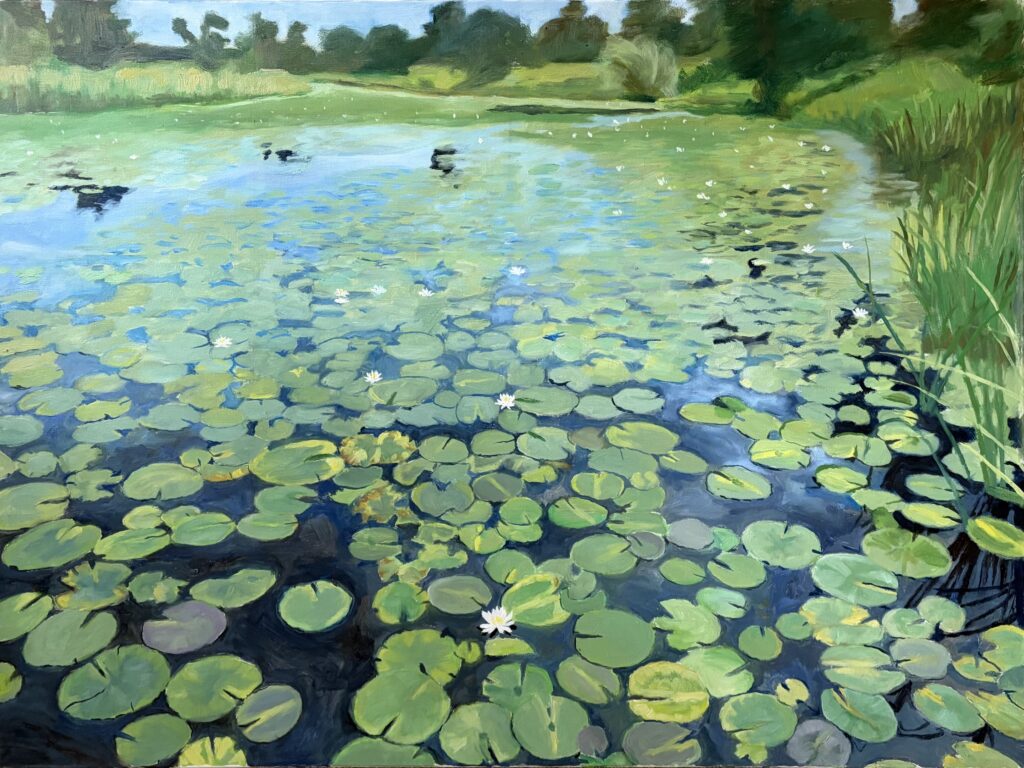 Oil painting of a pond of green waterlilies