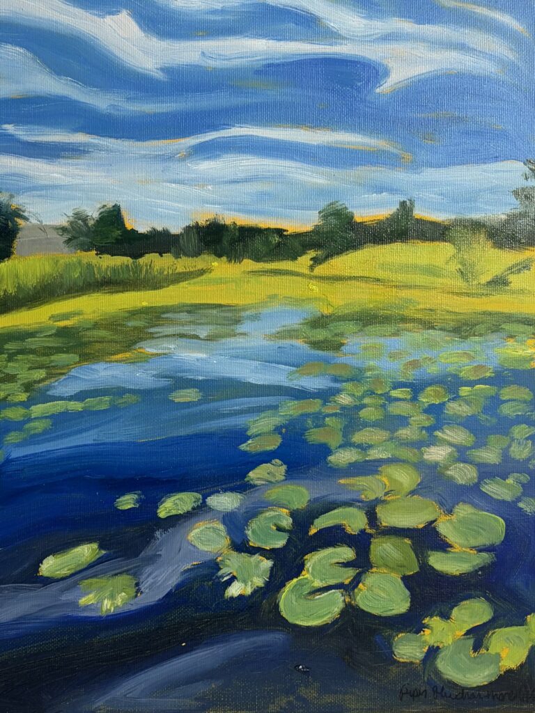Oil painting of lily pads in pond