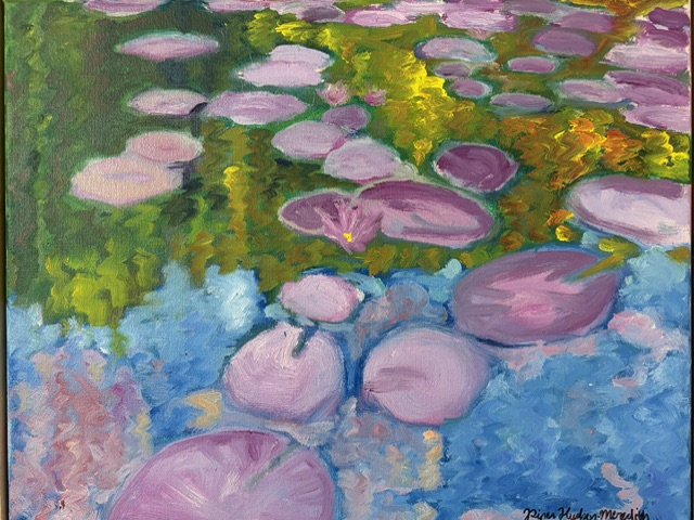Oil painting of colorful Lily pads in pond