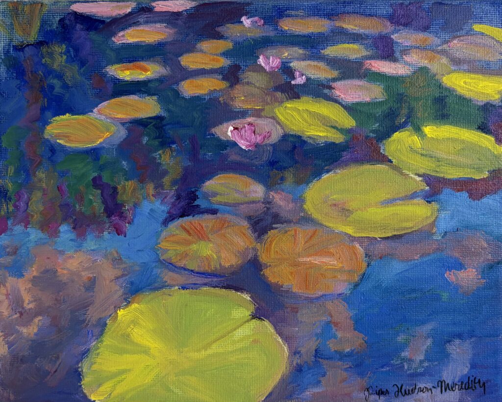 Oil painting of colorful lily pads in pond