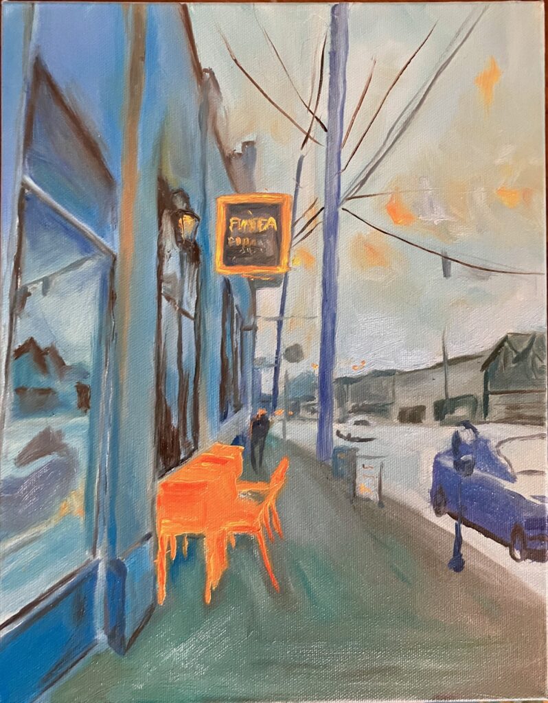 Colorful oil painting of Bardstown road featuring Fun Tea Boba