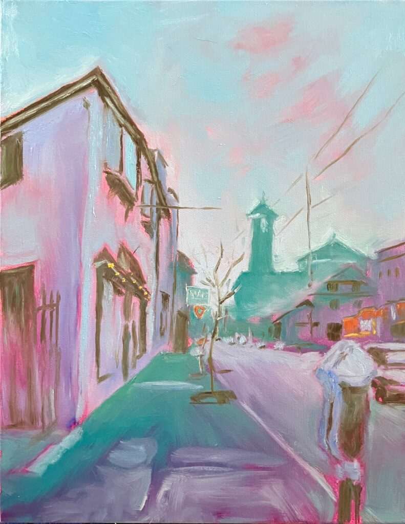 Colorful oil painting of Bardstown road featuring Impellizerris pizza