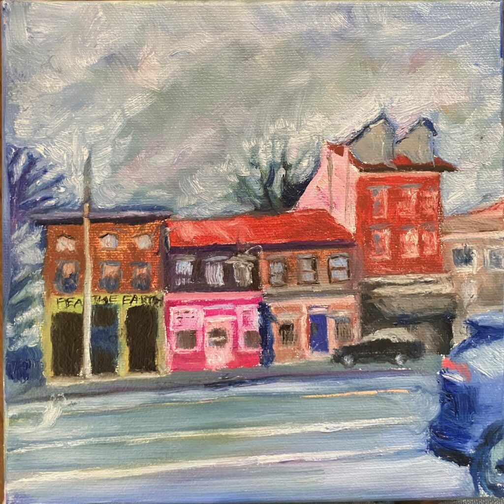 Oil painting of Market street businesses
