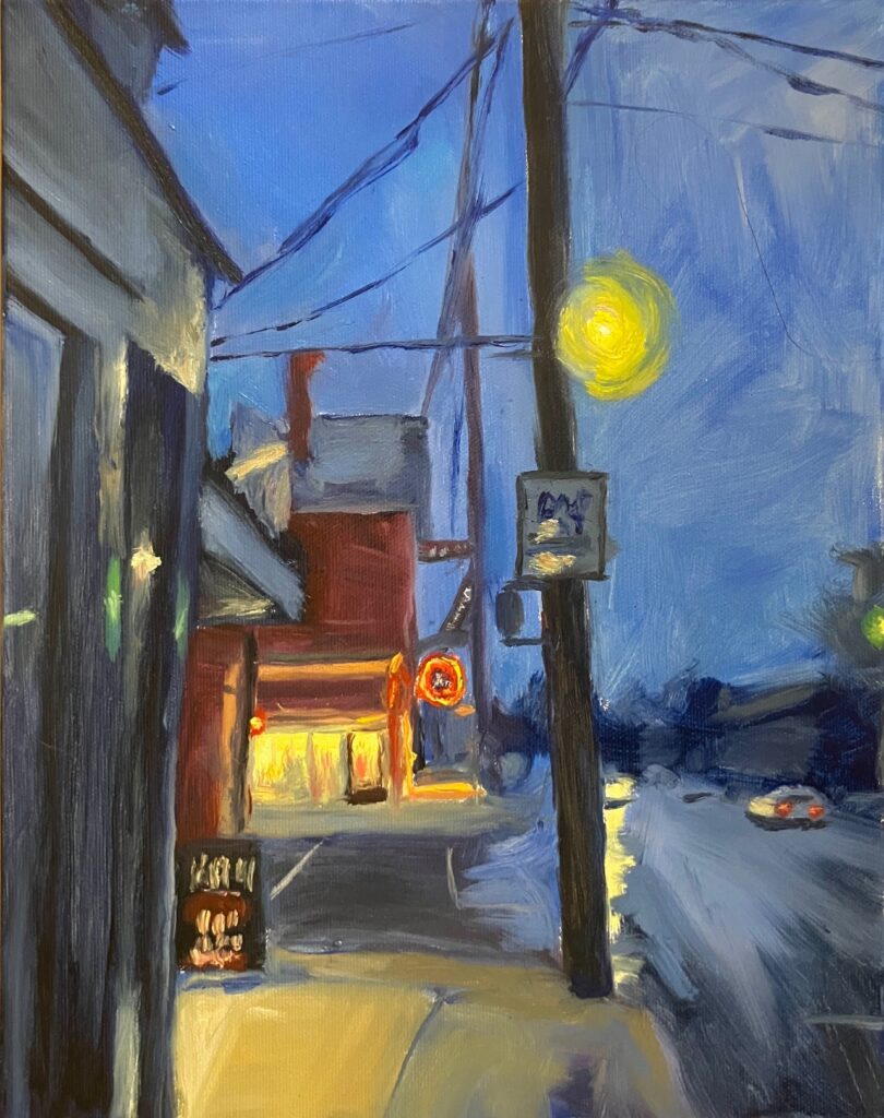 Colorful oil painting of Bardstown road featuring the Nitty Gritty