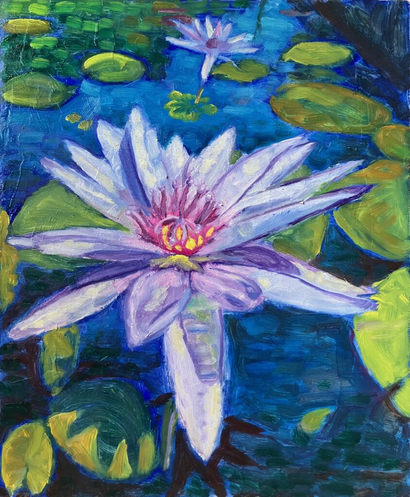 Oil painting of light purple waterlily in pond