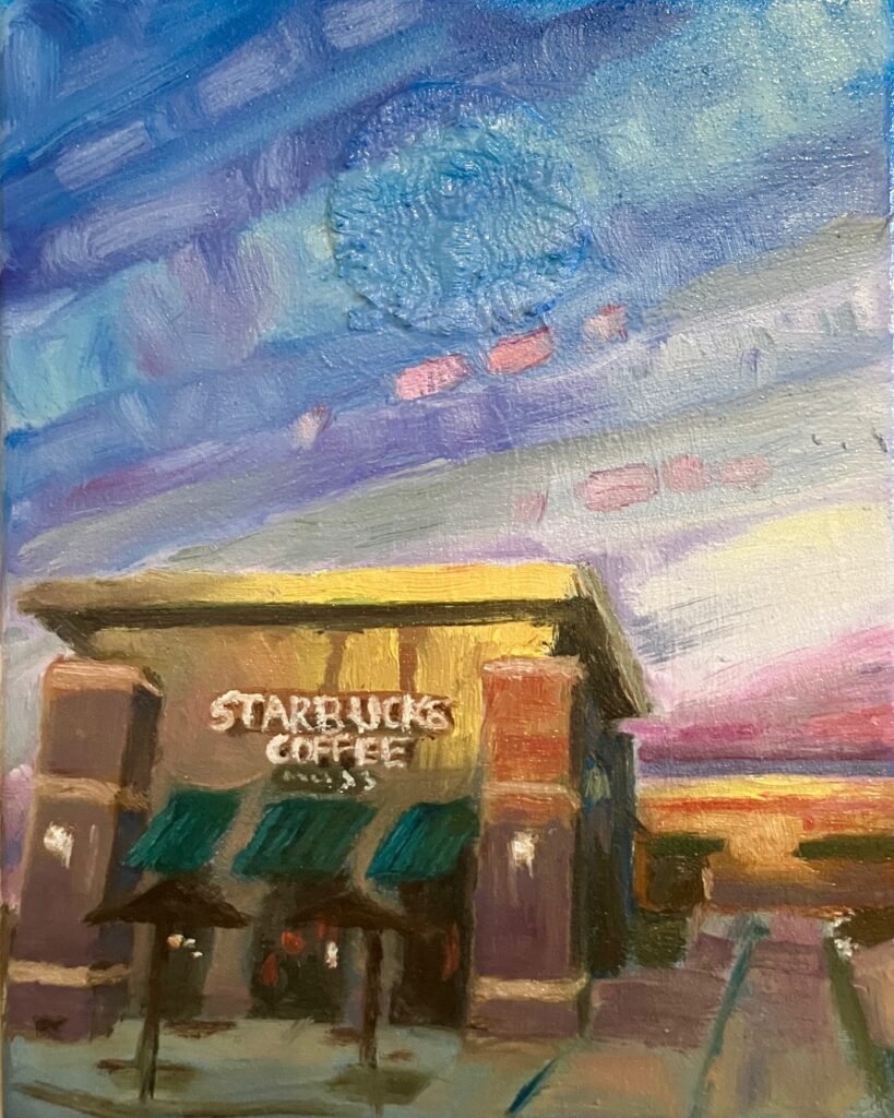 Oil painting of Starbucks with sunset