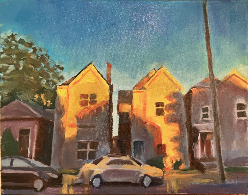 Oil painting of two houses in the evening