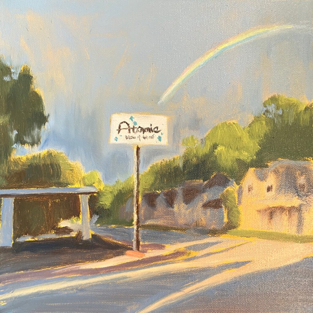 Oil painting of Atomic House of Hair with rainbow behind it