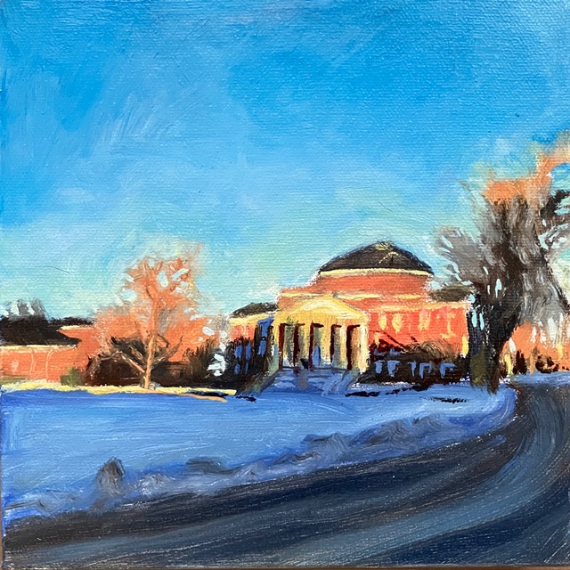 Oil painting of UofL in snow