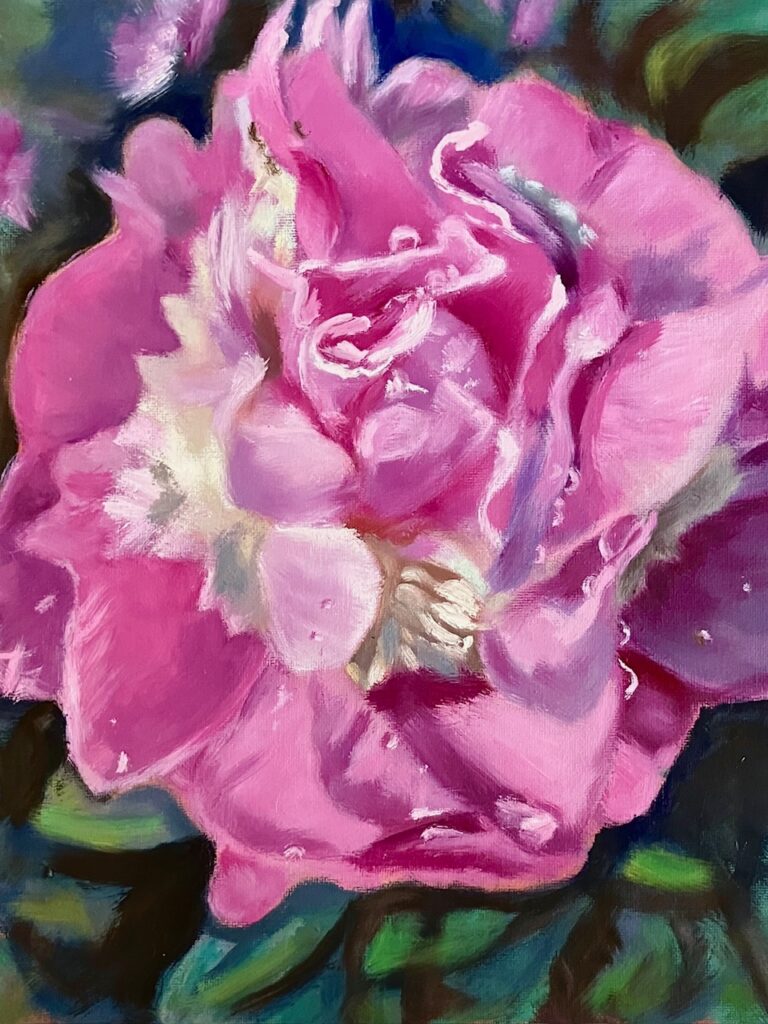 Oil painting of pink peony in bloom, closeup