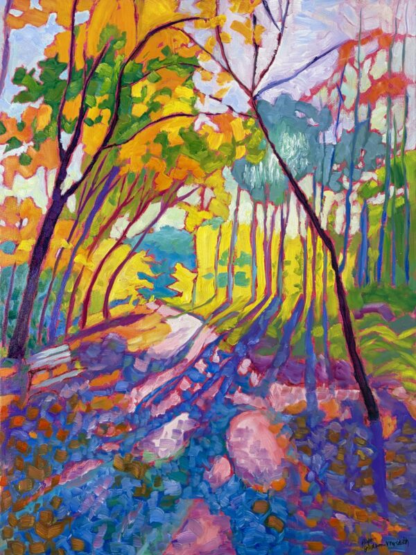 image0 Oil painting of forest path with brightly colored fall trees
