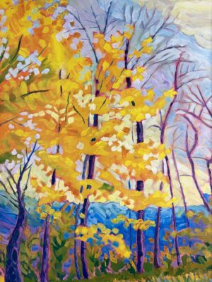 Oil painting of brightly colored yellow trees in fall.