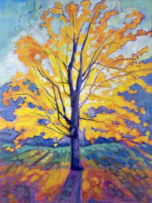Oil painting of brightly colored fall tree in cherokee park with bright sun in background.