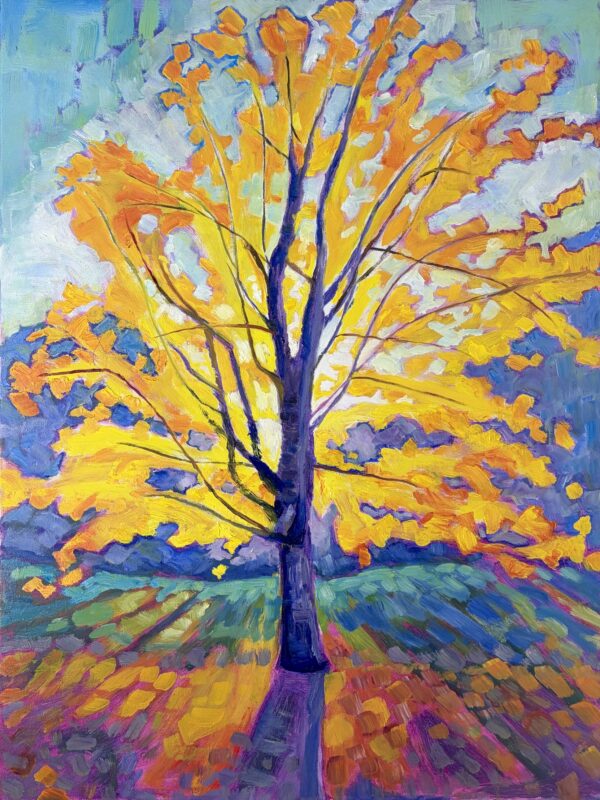 image3 Oil painting of brightly colored fall tree in cherokee park with bright sun in background.